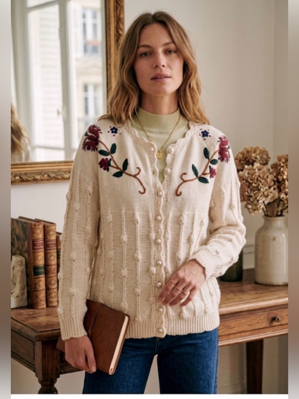Vintage Lara Ferrante Cotton Cream Embroidered Cardigan Size S  Grandma Chic.